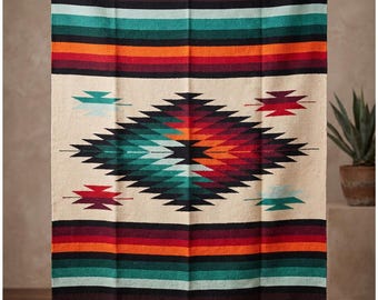 Coperta messicana spessa / Fuoco e ghiaccio / Serape autentico tessuto a mano / Motivo a righe a rombi / Plaid boho western / Coperta da sella / Picnic e campeggio