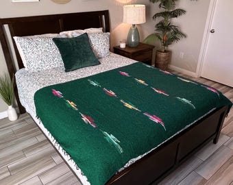 Groene Mexicaanse Thunderbird-deken met kwastjes | Yogacadeau - yogadeken | Mexicaanse plaid | Picknickdeken | Mexicaanse deken Oaxaca