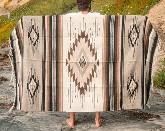 Wool Mexican Blanket XL Thick | Natural Brown Cream Tan Grey | Vintage Style Mexican Diamond Blanket Rug- Southwest Baja Mexico Home Throw