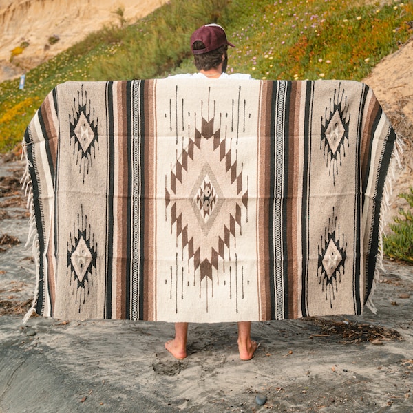 Wool Mexican Blanket XL Thick | Natural Brown Cream Tan Grey | Vintage Style Mexican Diamond Blanket Rug- Southwest Baja Mexico Home Throw