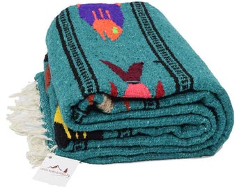 Mexican Blanket Fish Designs - Green Teal | Picnic Beach Blanket | Thick Turquoise Yoga Blanket | Vintage Throw | Wall Tapestry Baja Blanket