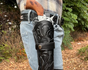 Revolver Holster | Western Leather Holster | Attaches to Belt | Hip Draw | Cowboy Holster | Black | Handmade | Colt Ruger Wesson Kimber