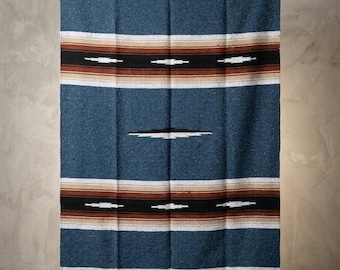 Mexican Blanket Diamond - Blue Tan Red | Thick Heavy Yoga Blanket | Serape Baja Falsa from Mexico | Vintage Oaxaca Throw Tapestry Home Decor