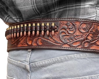 Munitionsgürtel aus Westernleder | Patronenhalter für Kaliber .38 und .357 | Cowboy-Gürtel | Braun/Schwarz | Handgefertigt | Munitionsschlaufen | Punziertes Echtleder