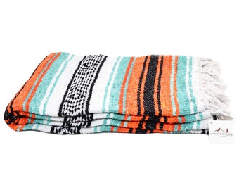 Mexican Blanket Mint & Orange | Lightweight Yoga Blanket | Savasana Blanket | Mexican Baja Blanket | Vintage Wall Tapestry | Falsa Blanket