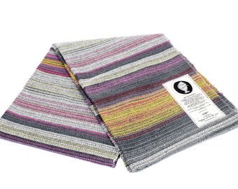 May include: A striped woven throw blanket in shades of gray, pink, yellow, and white. The blanket is folded in half and has a small white tag with text on it.