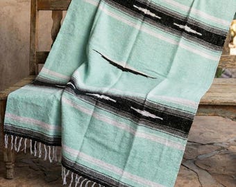Authentic Mexican Blanket Mint | Yoga Blanket | Southwest Baja Blanket | Beach & Picnic Outdoor Blanket