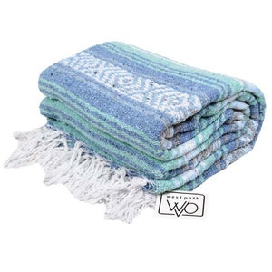 Mexican Blanket Mint Blue Ocean | Thick or Lightweight Yoga Blanket | Mexican Baja Blanket | Wall Hanging Tapestry | Falsa Blanket | Serape
