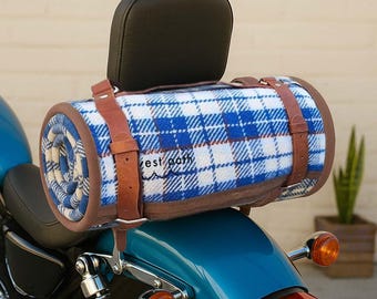 Motorcycle Bedroll - Waxed Canvas Wool Blanket w/ Waterproof Backing & Carrier Straps | Cowboy Roll, Military Blanket, Plaid Picnic Blanket