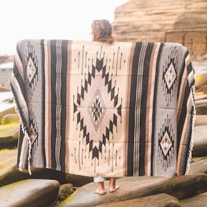 Wool Mexican Blanket XL Thick | Natural Brown Cream Tan Grey | Vintage Style Mexican Diamond Blanket Rug- Southwest Baja Mexico Home Throw