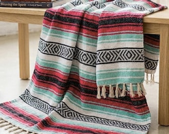 Mexican Yoga Blanket | Serape | Authentic Handmade Mexican Blanket | Mint Green Coral Pink Baja Blanket | Falsa | Cobija | Mexican Blanket