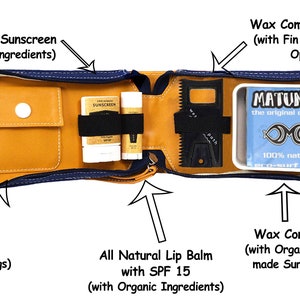 May include: A blue and brown leather travel case with a zippered closure. The case is open to reveal a variety of items, including a wax comb and scraper, a wax container, a lip balm, and a sunscreen. The case also has a small pocket for storing personal items.