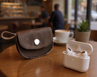 Handmade Leather Pouch for AirPods, Snap Coin Purse with Divider, Earbud Case, Chapstick Holder, Guitar Pick Holder, Stocking Stuffer