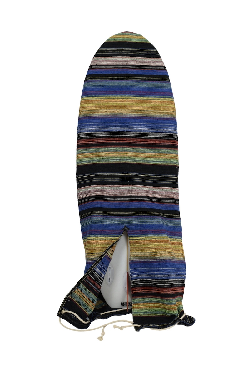 May include: A striped surfboard cover with a blue, yellow, black, and red color scheme. The cover has a drawstring closure and is made of a woven fabric.