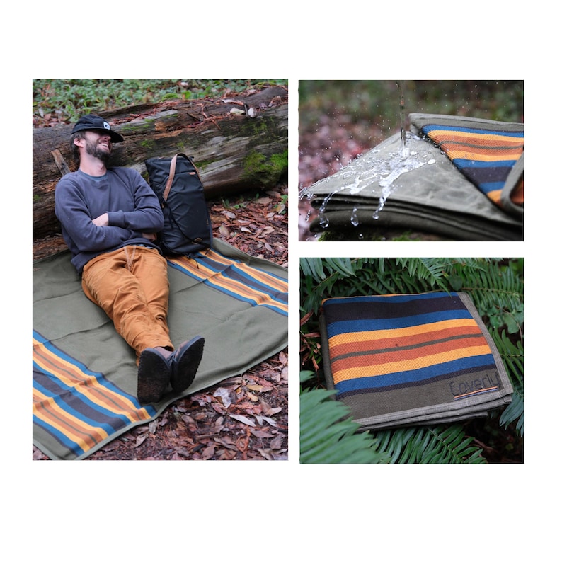 May include: Olive green outdoor blanket with striped accents in blue, orange, and brown. The blanket is shown in use, with water beading on the surface, and folded. The word "Coverly" is visible on the folded blanket.