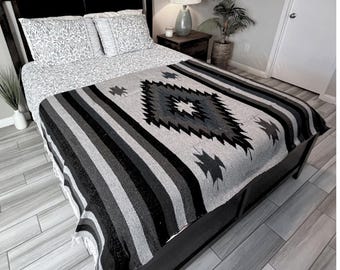 Mexican Blanket Grey Black White | Yoga Blanket Thick XL | Southwest Blanket | Baja Mexico Blanket Mexican Throw | Aztec Diamond Stripe
