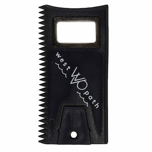 May include: Black plastic surfboard fin tool with a bottle opener and a West Path logo. The tool has a serrated edge for removing fins.