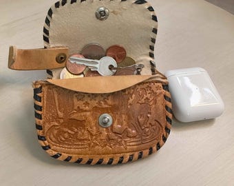 Handmade Texas Leather Pouch for AirPods, Houston Texas Embossed Coin Purse, Tooled Western Earbud Case, Texas Souvenir Gift