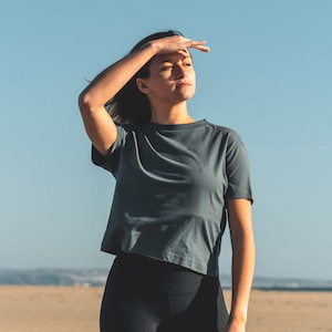 Boxy Tee Slate Blue Womens Basic Tshirt 100% Cotton Cropped T Shirt Womens Plain Blue Shirt, GOTS Organic Fair Trade XS, S, M, L XL image 1