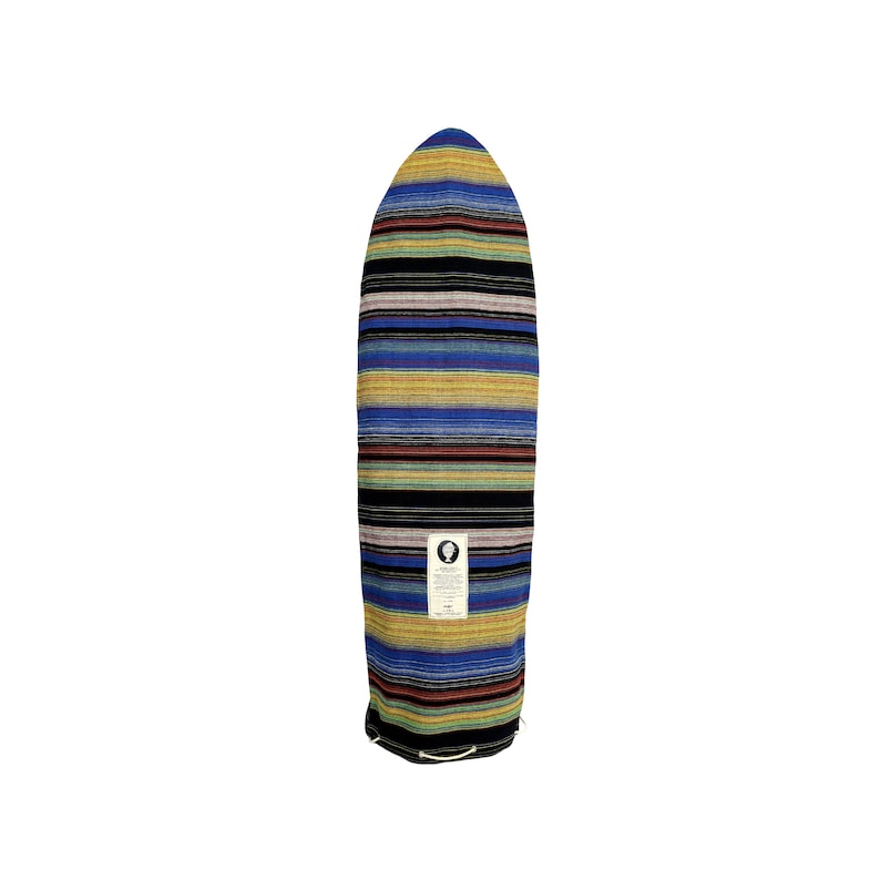 May include: A striped surfboard bag with a blue, yellow, red, and black pattern. The bag has a drawstring closure and a label with a logo.