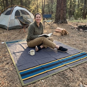 May include: A gray and blue striped outdoor blanket with a green border is spread on the ground. A person is sitting on the blanket, reading a book, with a mug of coffee nearby. A tent and camping chair are in the background.