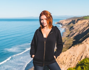 Women's Black Hoodie Zip Up | Hooded Sweatshirt | Essential Hoodie | 100% Organic Cotton | Cute Hoodie | Women's Sweat Shirt with Zipper