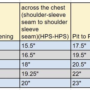 May include: A table detailing crew neck shirt measurements. Sizes range from XS to XL, with dimensions for sleeve opening, collar opening, chest width, pit to pit, waist opening, and HPS to bottom, all in inches.