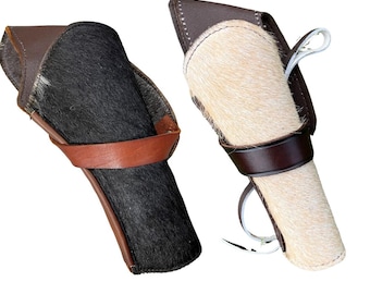 Cross Draw Holster | REAL COWHIDE FUR Western Leather Holster | Right Hand | Attaches to Belt | Old West Cowboy Holster | Colt Ruger Wesson