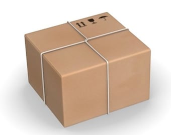 May include: A brown cardboard box secured with white twine. The box has shipping symbols printed on the top. The twine is wrapped around the box in a crisscross pattern, securing the contents.