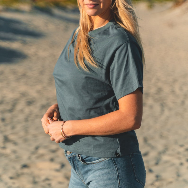 Boxy Tee Slate Blue Womens Basic Tshirt 100% Cotton Cropped T Shirt Womens Plain Blue Shirt, GOTS Organic Fair Trade XS, S, M, L XL image 7