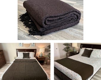 Mexican Blanket Brown  | Yoga Blanket | Thick Dark Brown Throw Blanket | Picnic Blanket / Serape / Baja Falsa Rug in Plain / Solid Color