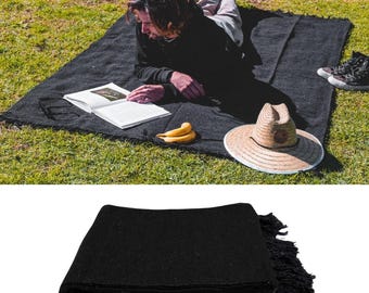 Black Mexican Blanket Solid Color |  Black Yoga Blanket | Thick & Soft Blanket | Vintage Style Throw | Classic Style Serape with Tassels