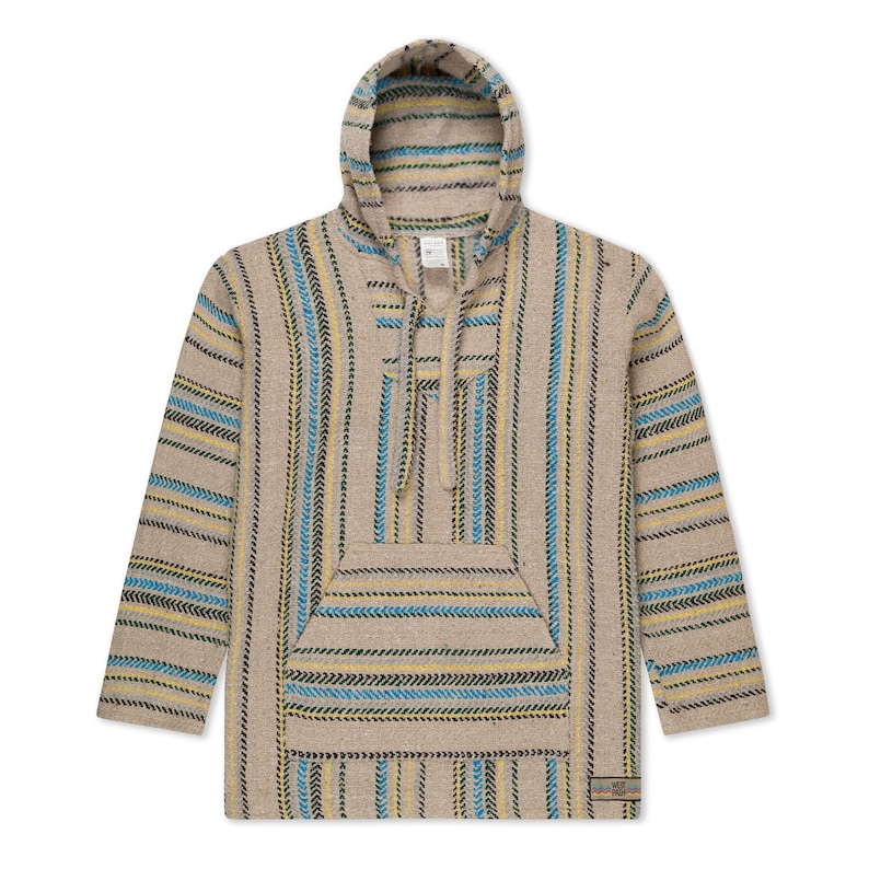 Mexican Poncho Baja Hoodie Hooded Sweater Handmade in Mexico Beige Tan Grey Mexican Hoodie with Stripes Earth Tone Hoodie image 6