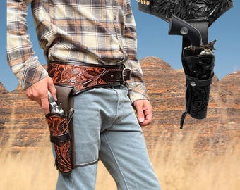 Coldre para revólver calibre 22 | Coldre de couro estilo faroeste | Coldre de cowboy | Marrom e preto | Feito à mão | Presilhas para munição | Conjunto para revólver | Buscadero