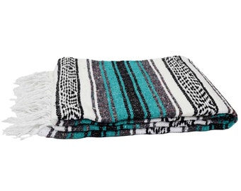 Teal & Black Mexican Blanket | Green Falsa Blanket | Baja Blanket | Striped Mexican Yoga Blanket | Fiesta Blanket - Mexican Throw Home Decor