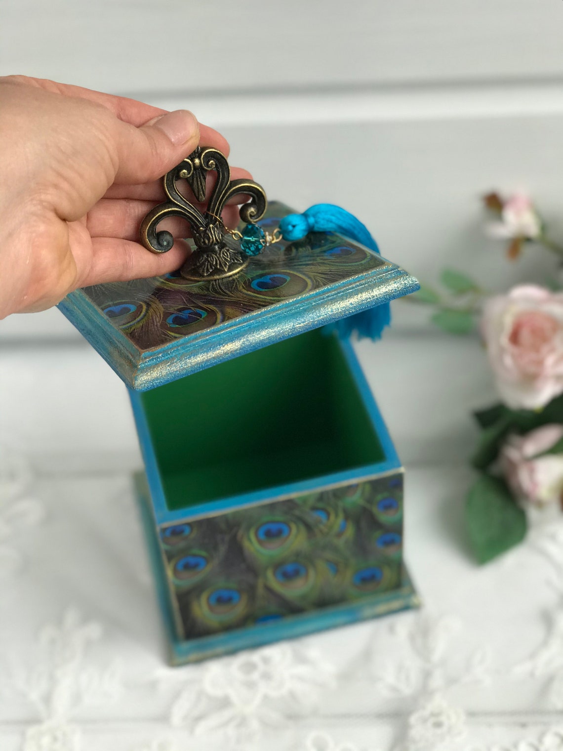 Peacock Jewelry box Wooden trinket box Peacock gifts for Etsy