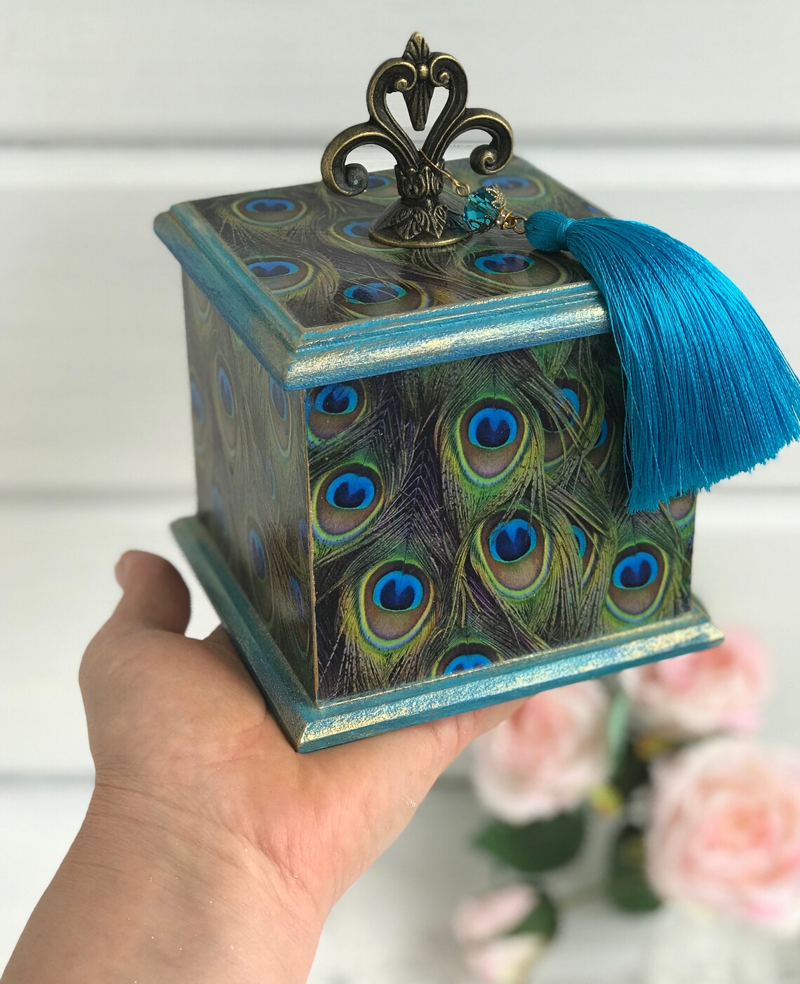 Peacock Jewelry box Wooden trinket box Peacock gifts for Etsy