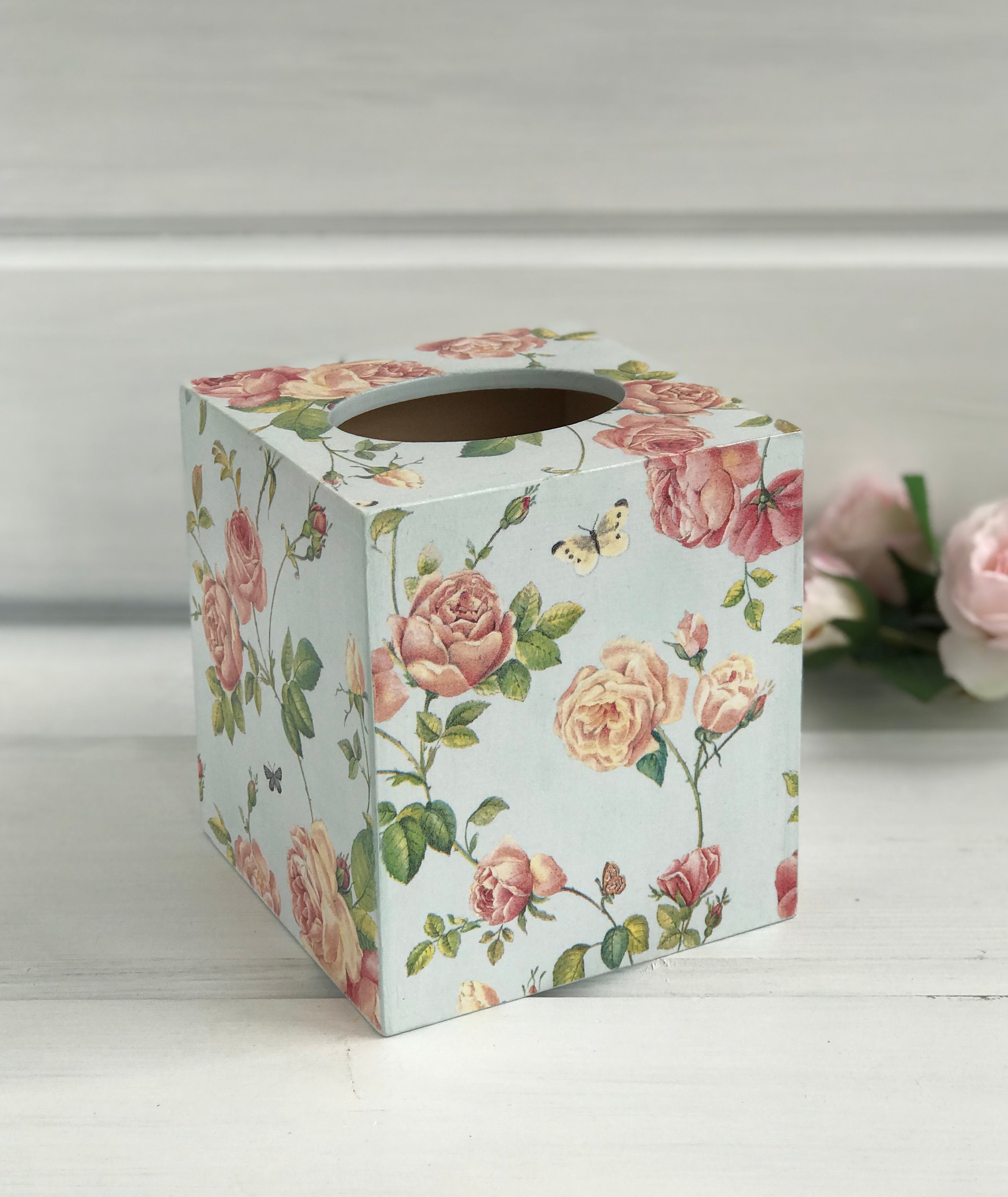 Floral tissue box cover Rose bathroom decor Wooden kleenex Etsy