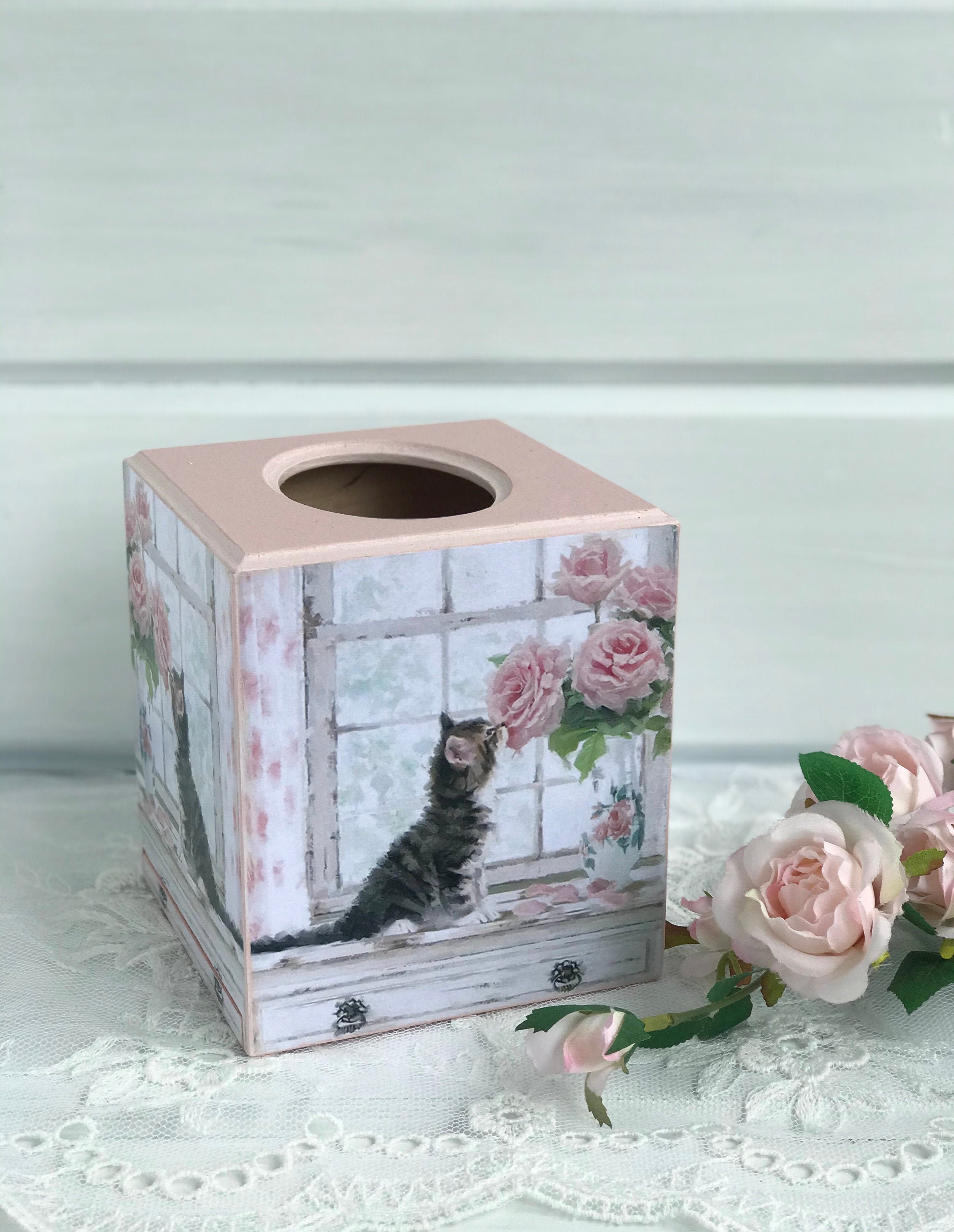 Tissue box cover Cat lover gift Wood tissue box holder Cat Etsy
