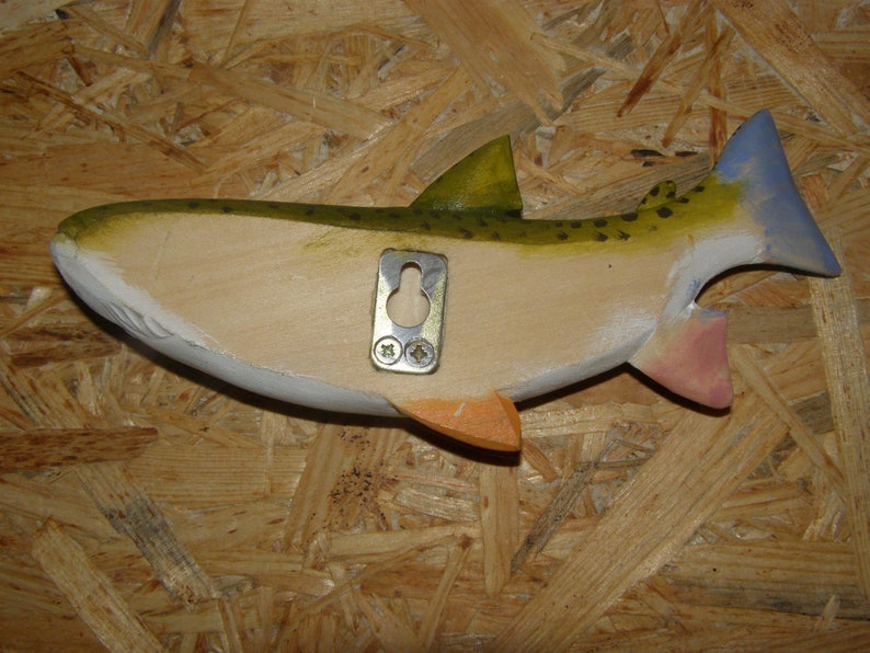 20 cm 2D sculpture of rainbow trout wood in fry coloring Mikizha wall decor hand wood carving