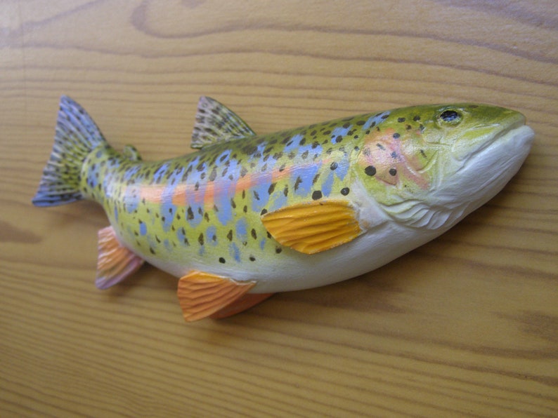 20 cm 2D sculpture of rainbow trout wood in fry coloring Mikizha wall decor hand wood carving