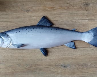 Salmone atlantico, Salmo salar, pesce in legno 3D da 66-76 cm, intagliato e dipinto a mano su entrambi i lati, trofeo di pesca, intaglio di pesce su ordinazione