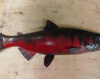 Spawning male Coho salmon,Oncorhynchus kisutch, Silver salmon, 22-25 inches 3D wooden fish, both sides hand carved and painted for order