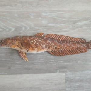 Pode incluir: Escultura em madeira de um peixe, com um padrão marrom e branco salpicado. O peixe tem barbatanas e cauda detalhadas, com uma pequena barba no queixo. A obra de arte está sobre uma superfície de madeira cinza claro.