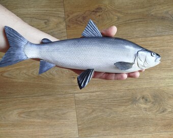 Buckelfelchen (Coregonus pidschian), 33–41 cm große, dreidimensionale Holzfigur, beidseitig handgeschnitzt und bemalt, Angeltrophäe, Fischschnitzerei auf Bestellung