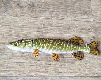 Lucio del norte, Esox lucius, lucio, pez de madera 3D de 9-12 pulgadas, ambos lados tallados y pintados a mano, trofeo de pesca, talla de pez por encargo