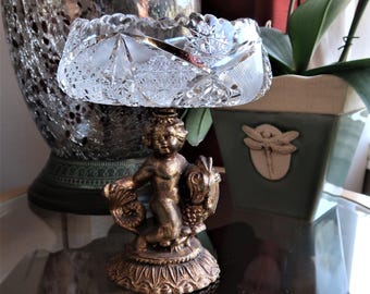 Czech crystal bowl with cherub riding a Koi fish compote~centerpiece~Hollywood regency