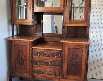 Antique French  Country hand carved Oak China Cabinet hutch marble top server dry bar