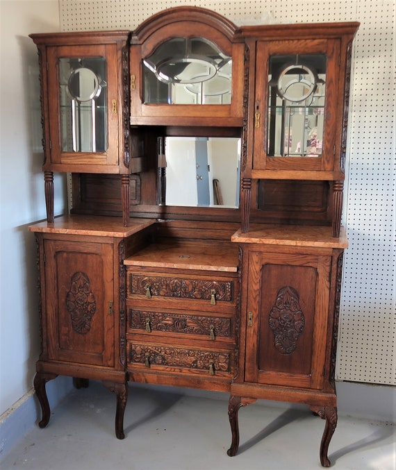 Carved Oak Server with Marble Top Carved Oak Server with Marble Top