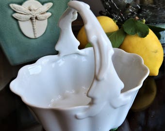 Vintage Shefford Japan White Porcelain Basket with handle, candy bowl,snack bowl,serving piece,open jam dish, open condiment bowl